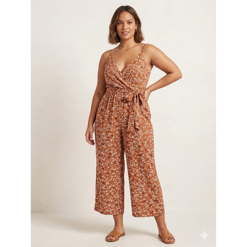 Kaileigh Rust Floral Surplice Wide Leg Jumpsuit Sleeveless Wrap Front Tie Waist